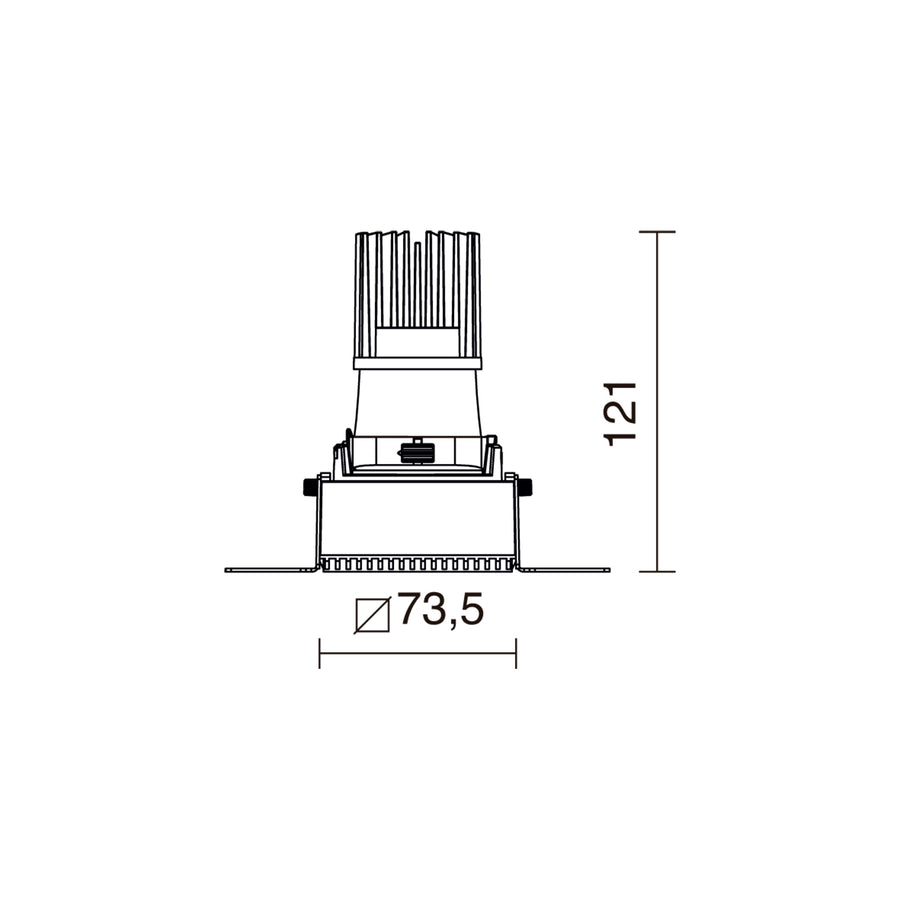 Schéma technique coté du spot carré, dimensions 73,5 mm et hauteur 121 mm