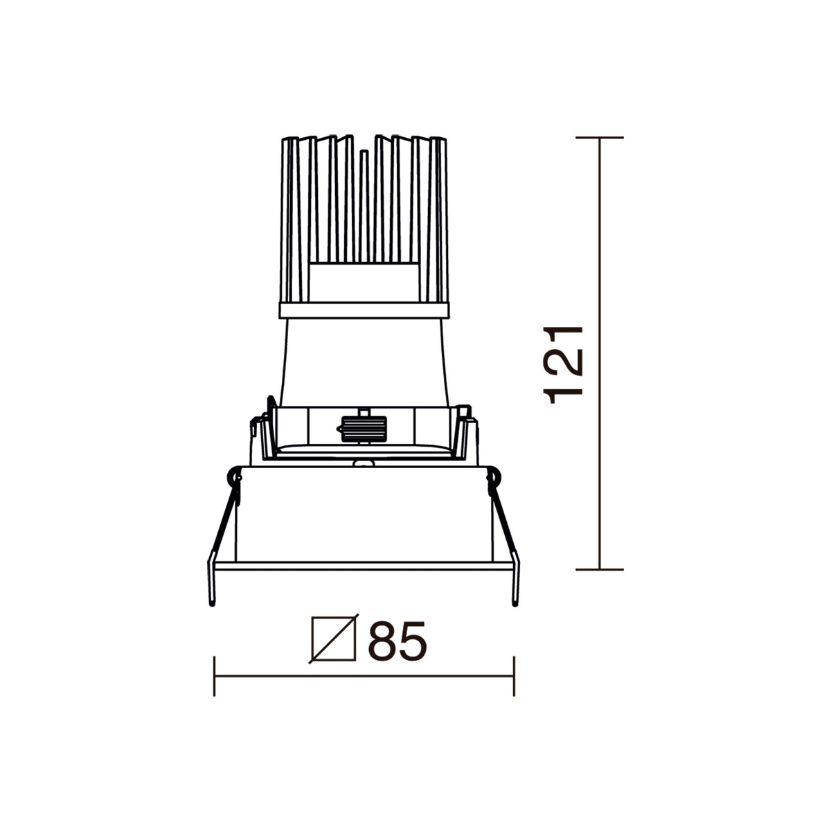 Schéma technique coté du spot encastrable carré, hauteur 121 mm et largeur 85 mm