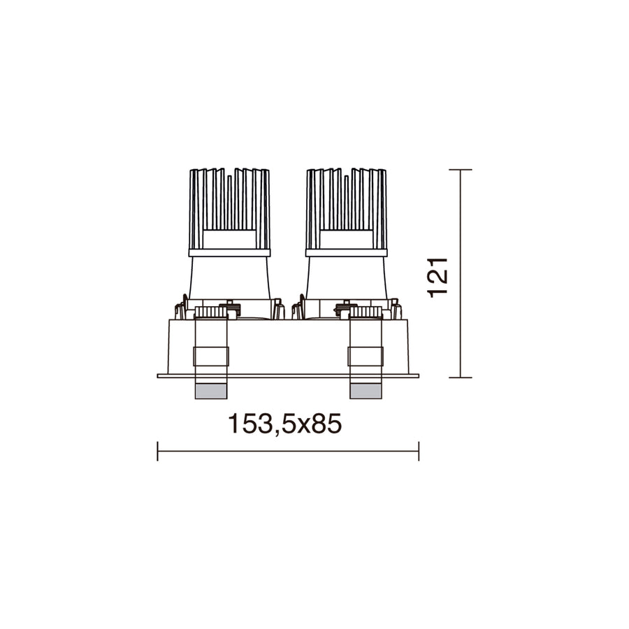 Schéma technique coté : largeur 153,5 x 85 mm et hauteur 121 mm.