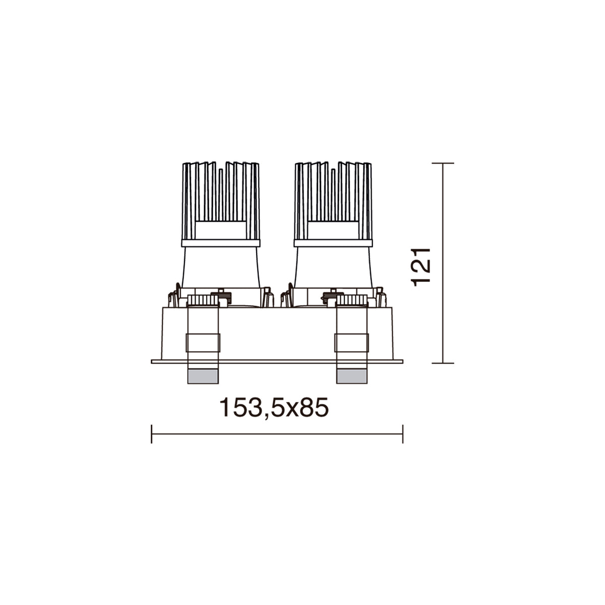 Schéma technique coté du spot double encastrable, largeur 153,5 mm et hauteur 121 mm.