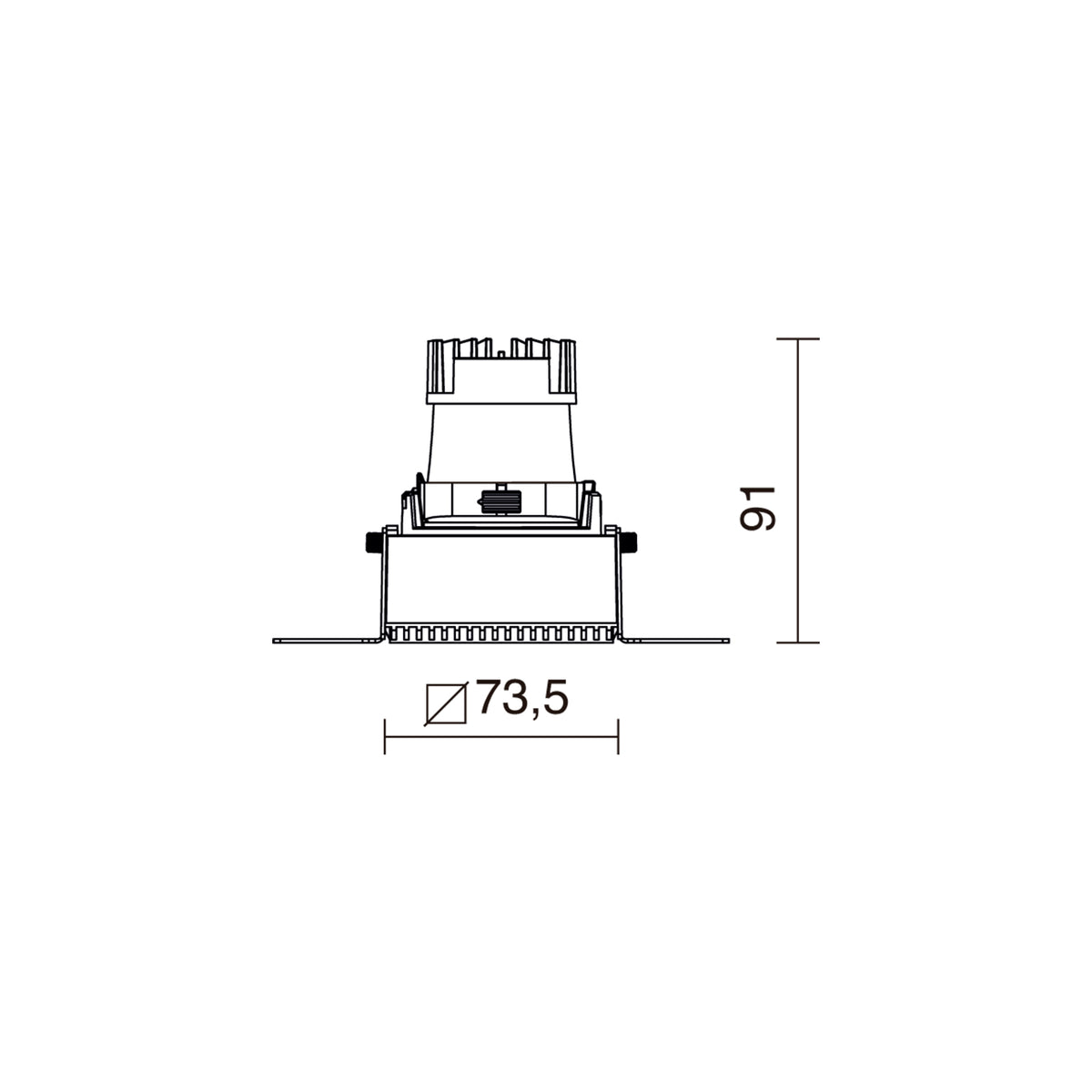 Schéma de dimensions du spot carré 73,5 mm de côté et 91 mm de haut.