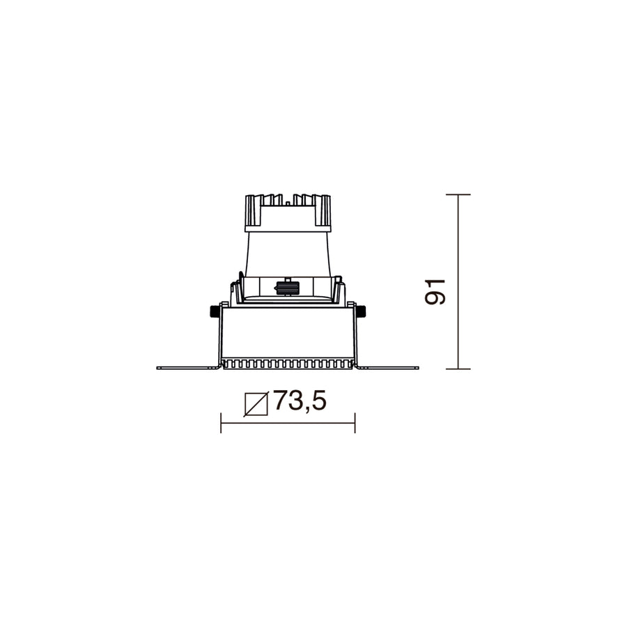 Schéma de dimensions du spot carré 73,5 mm de côté et 91 mm de haut.