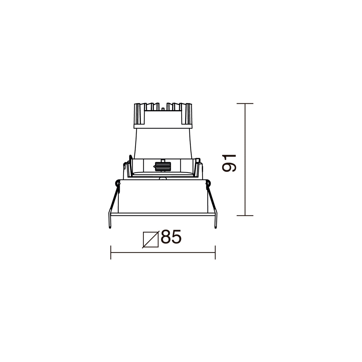 Schéma technique côté du spot encastrable carré, largeur 85 et hauteur 91 mm