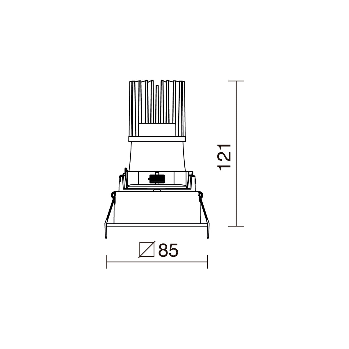 Schéma technique de profil côté, hauteur 121 mm et largeur 85 mm du luminaire