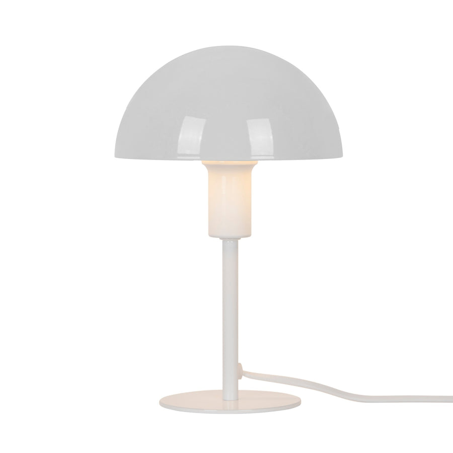 Lampe à poser blanche de face, abat-jour dôme laqué et tige fine