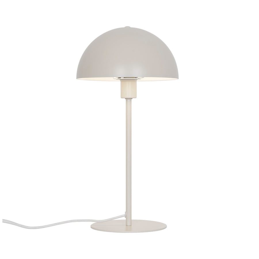 Lampe de table beige gris, abat-jour bombé et pied fin sur fond blanc