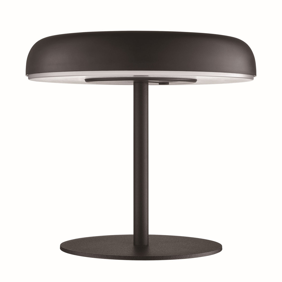 Profil du luminaire montrant le pied central et la base ronde