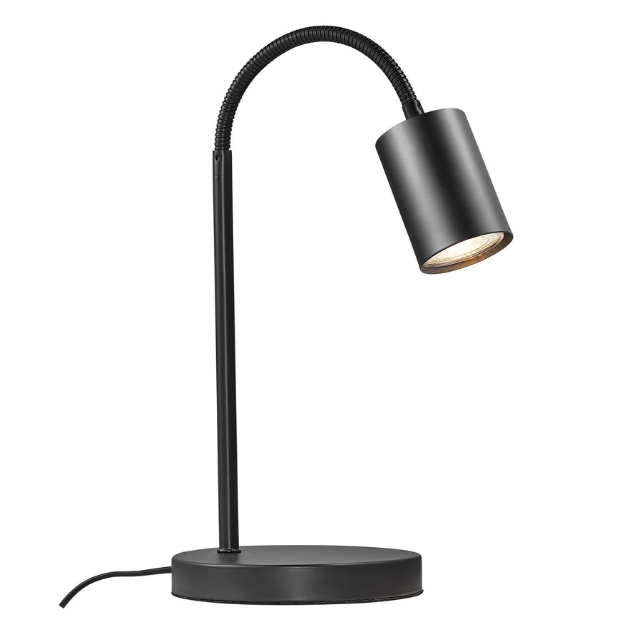 Lampe de bureau noire vue de face, tête cylindrique et col flexible recourbé.