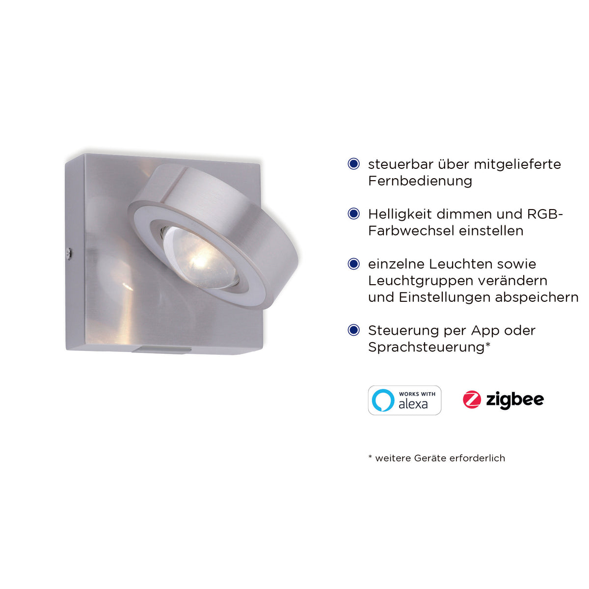Visuel produit listant les fonctions en allemand avec logos Alexa et Zigbee