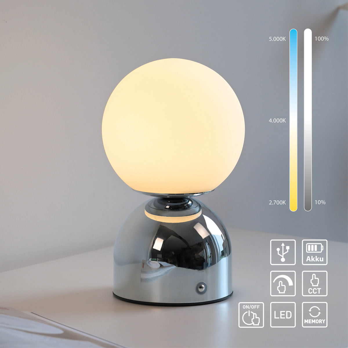 Mise en ambiance avec pictogrammes batterie, USB, variateur et plage 2700 à 5000 K
