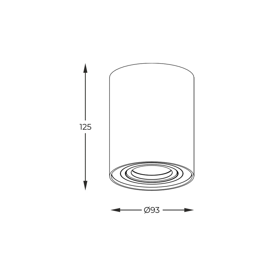 Schéma de dimensions du spot : hauteur 125 mm, diamètre 93 mm.