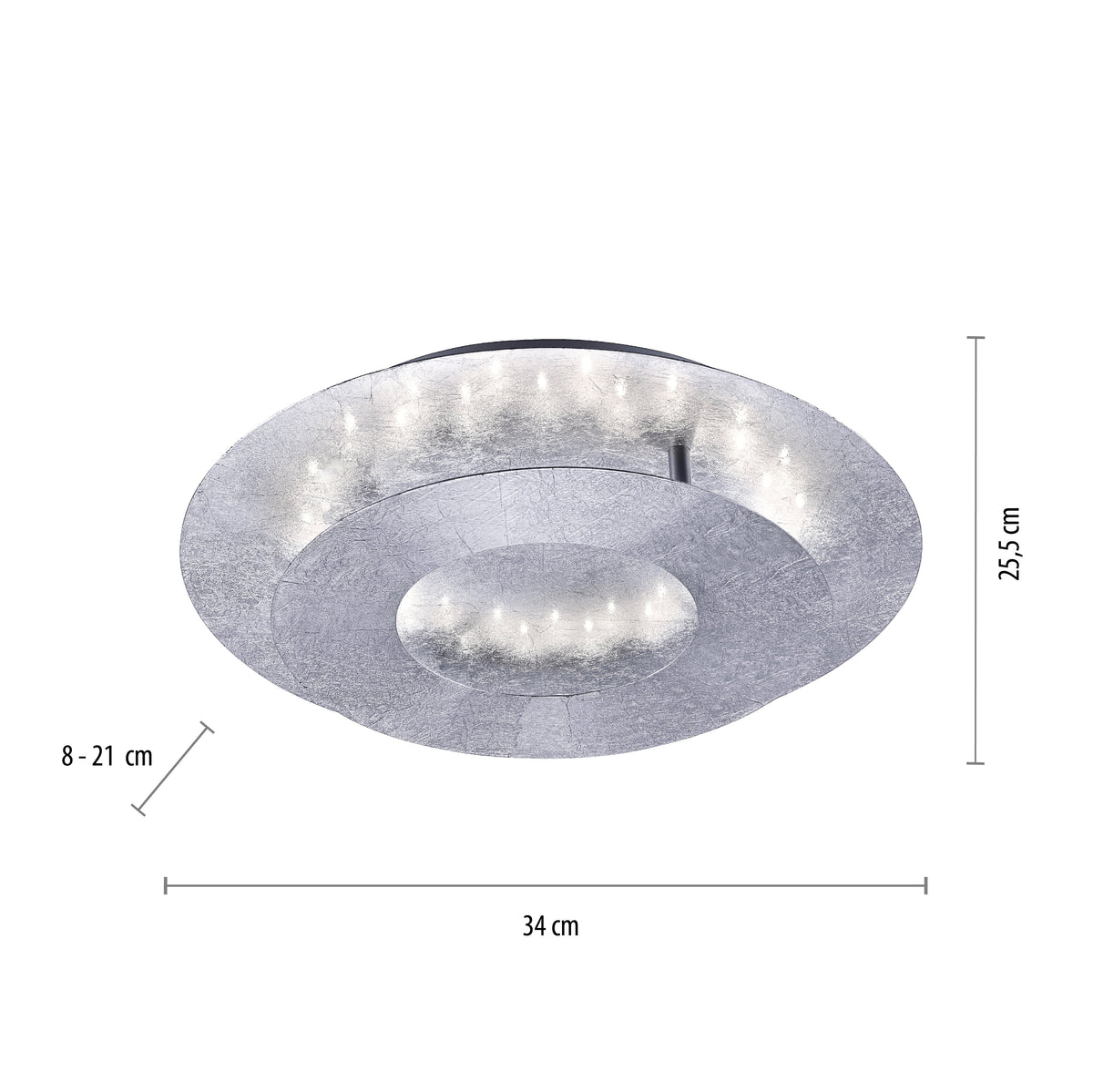 Schéma coté du plafonnier indiquant 34 cm de large et 8 à 21 cm de hauteur