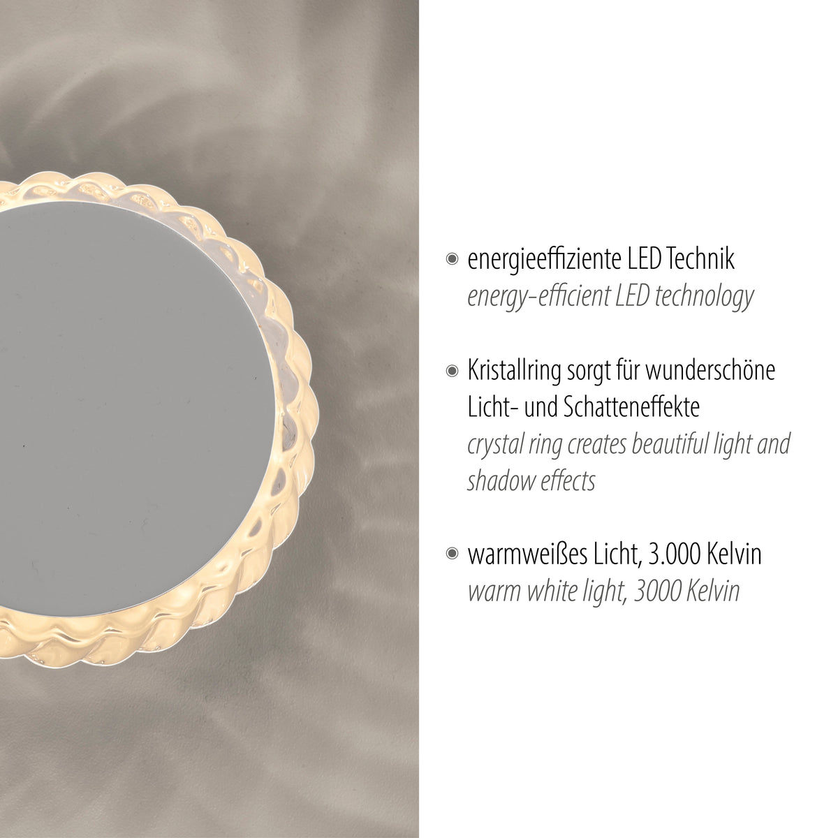Détail produit avec mentions techniques, LED économe et lumière chaude 3000 Kelvin
