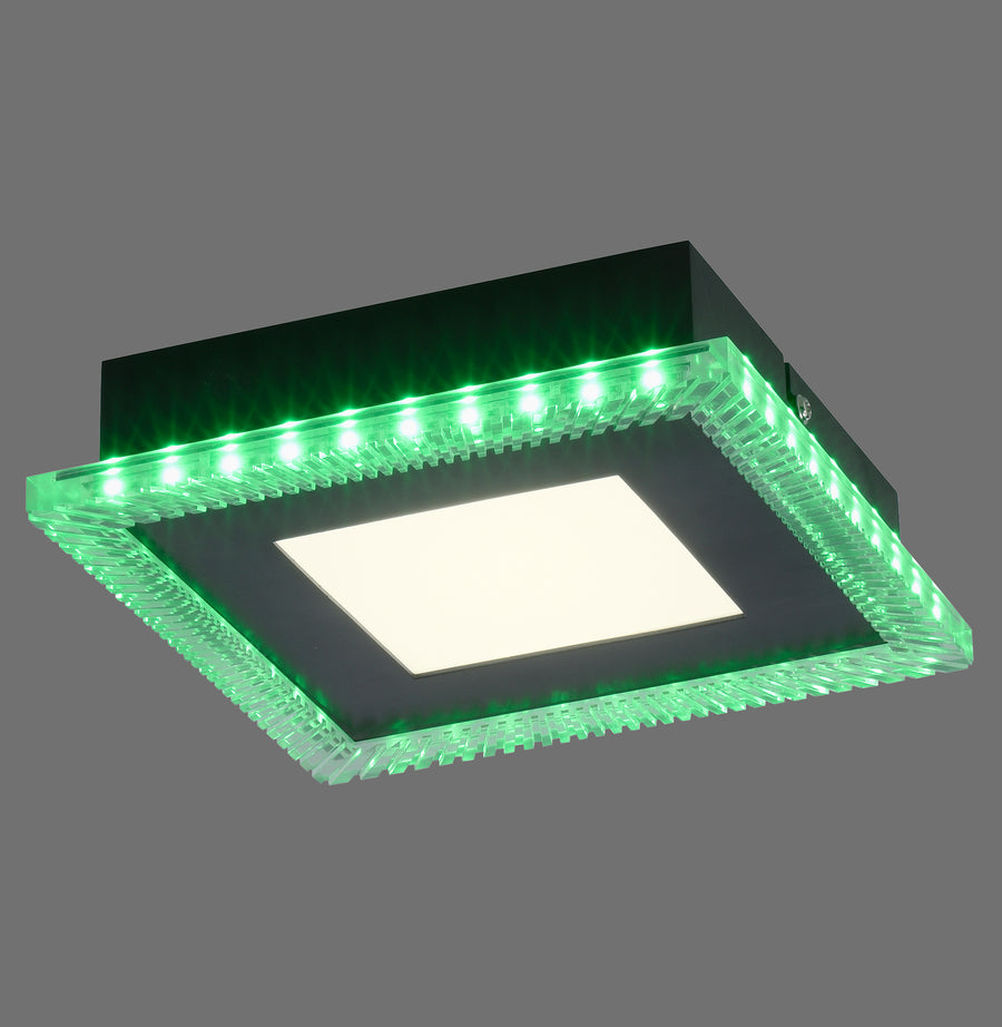 Vue de face du plafonnier carré noir, bordure cristal éclairée en vert et diffuseur central blanc