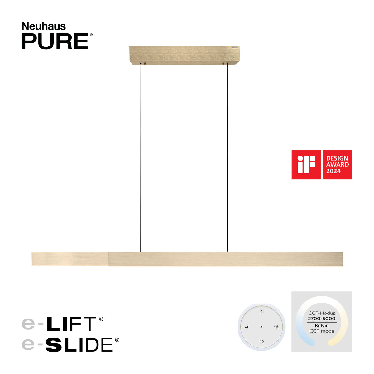 Visuel promotionnel avec récompense Design Award, télécommande blanche et température de couleur.