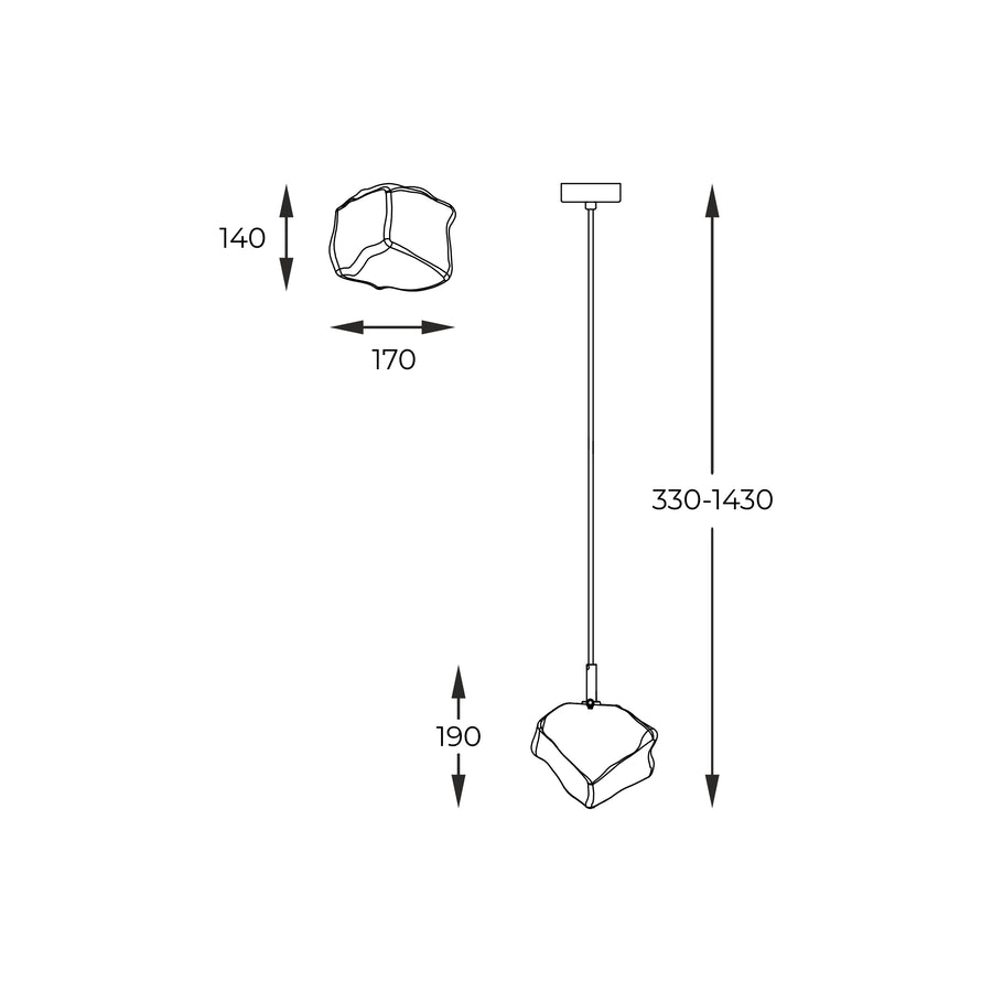 Schéma technique coté du luminaire avec dimensions et hauteur réglable