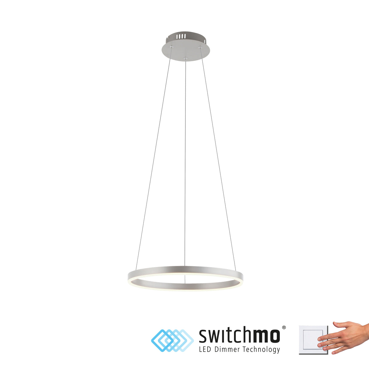 Vue du luminaire avec logo Switchmo et variateur, illustrant la technologie LED Dimmer.
