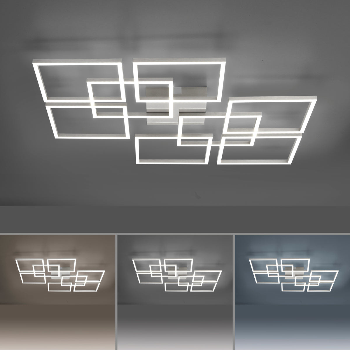 Plafonnier allumé avec réglage de température de couleur : blanc chaud, neutre et froid.