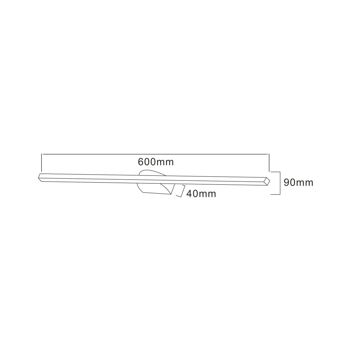 Schéma de dimensions du luminaire avec longueur 600 mm, hauteur 90 mm et profondeur 40 mm