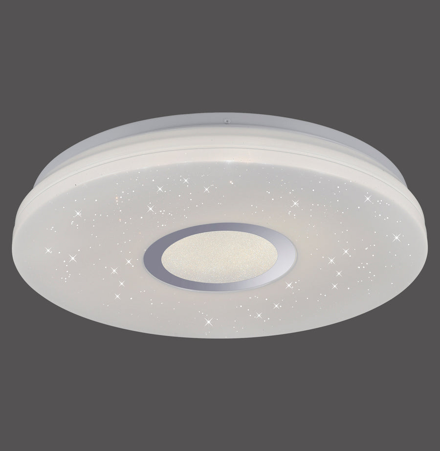Plafonnier rond blanc vu de face avec effet ciel étoilé et cercle central lumineux