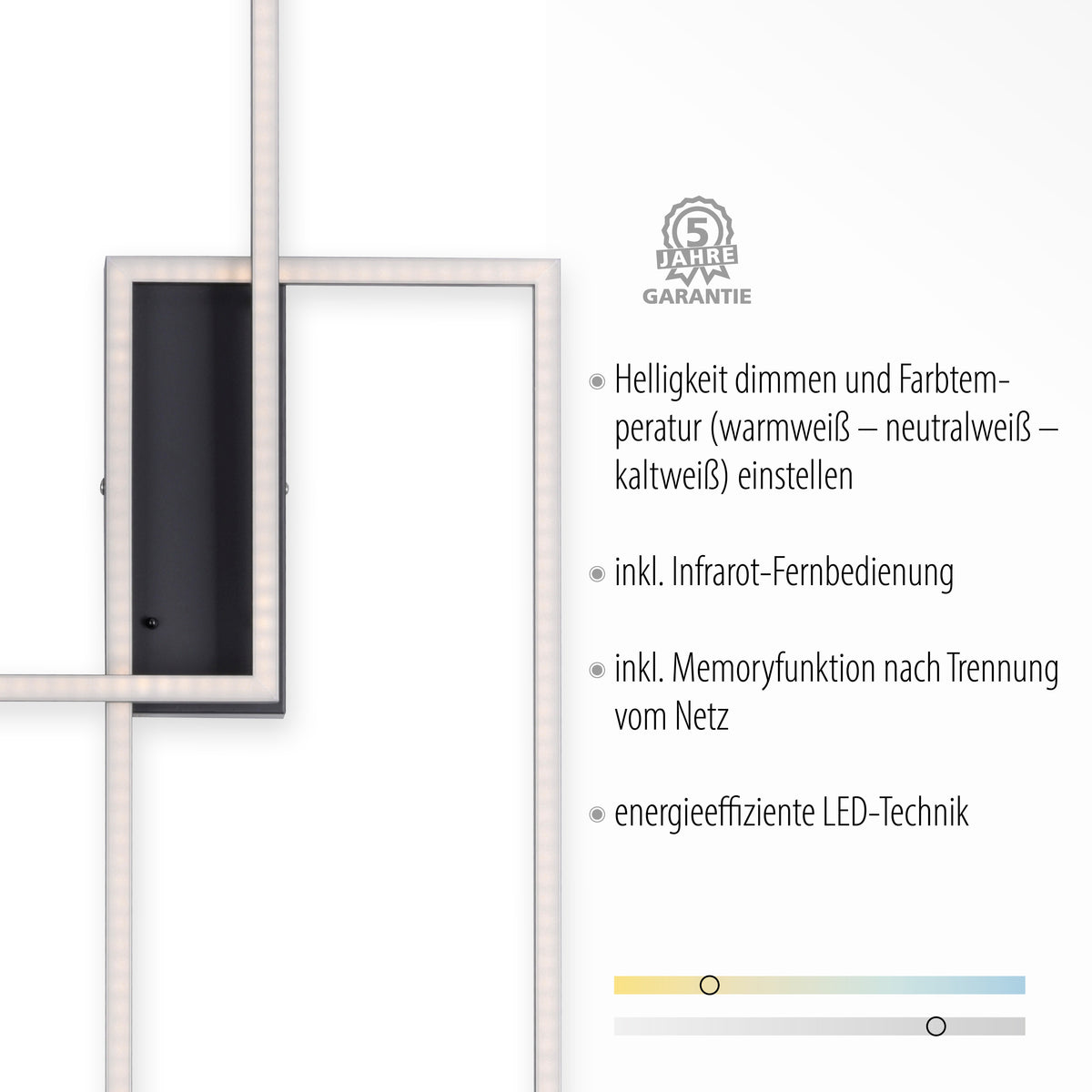 Détail de la finition et schéma des fonctions d'éclairage avec télécommande infrarouge.