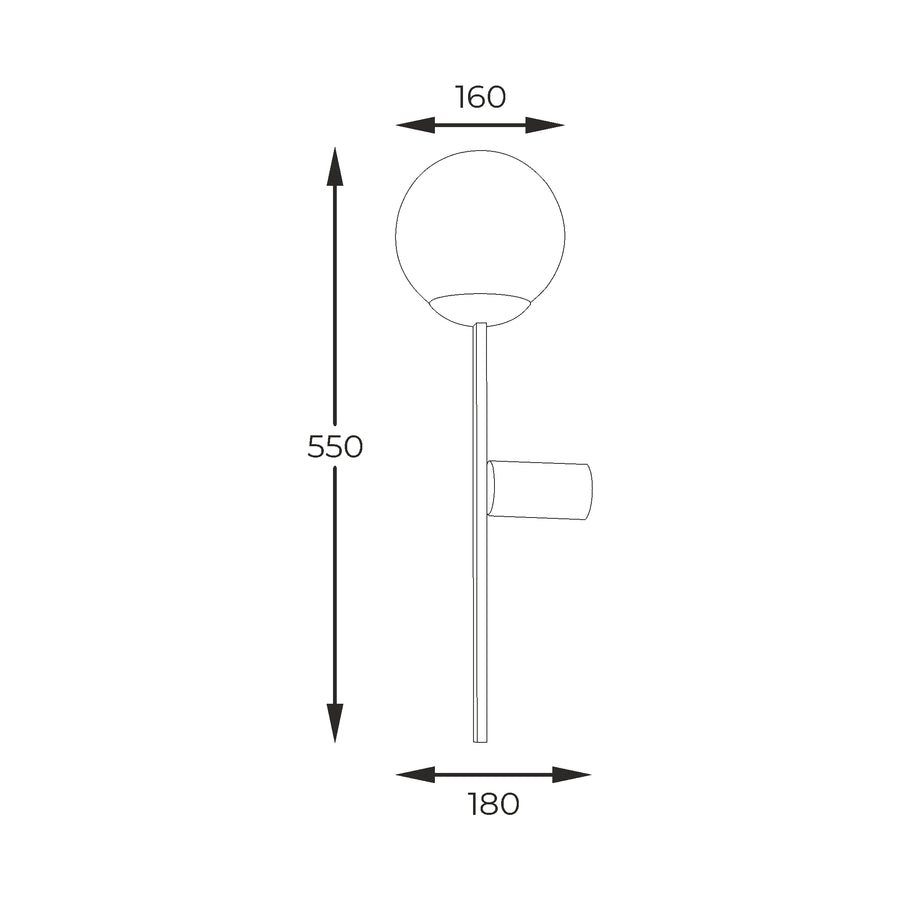 Schéma de dimensions du luminaire : hauteur 550 mm, largeur 180 mm, globe 160 mm.
