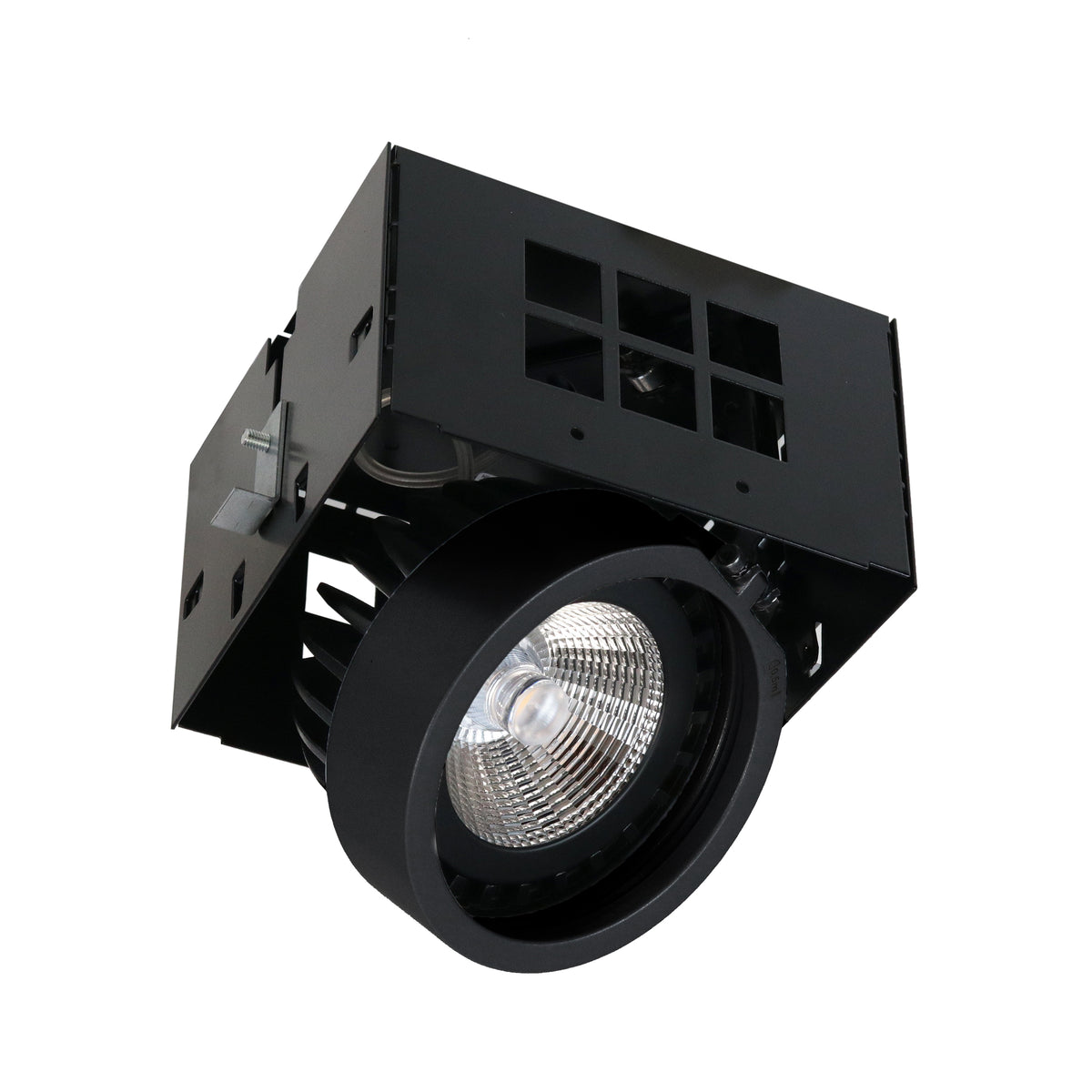 Spot encastrable tout noir sous trois quarts, détaillant la collerette ronde et le réflecteur LED.