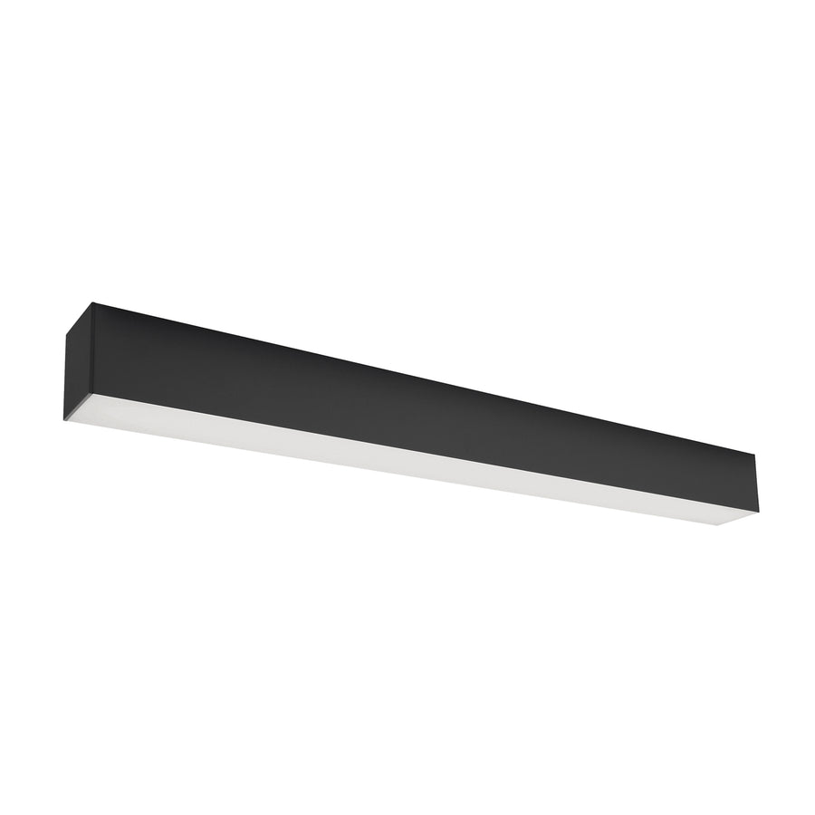Plafonnier linéaire noir, vue de trois quarts montrant la face lumineuse