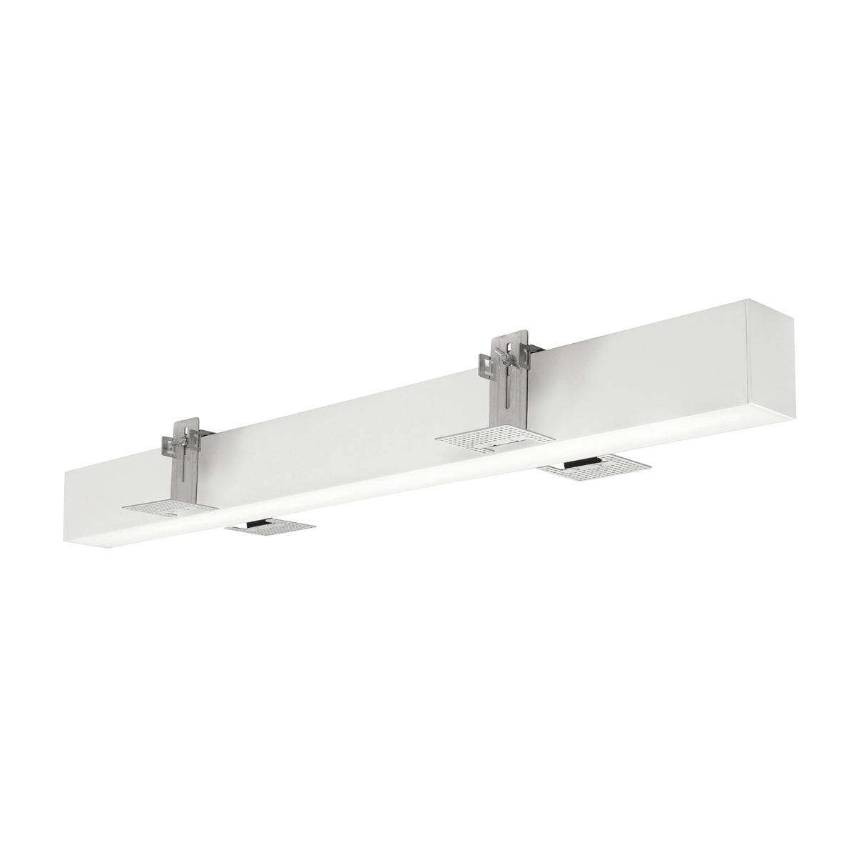 Luminaire linéaire blanc avec supports de fixation et diffuseur LED, vu de trois quarts.