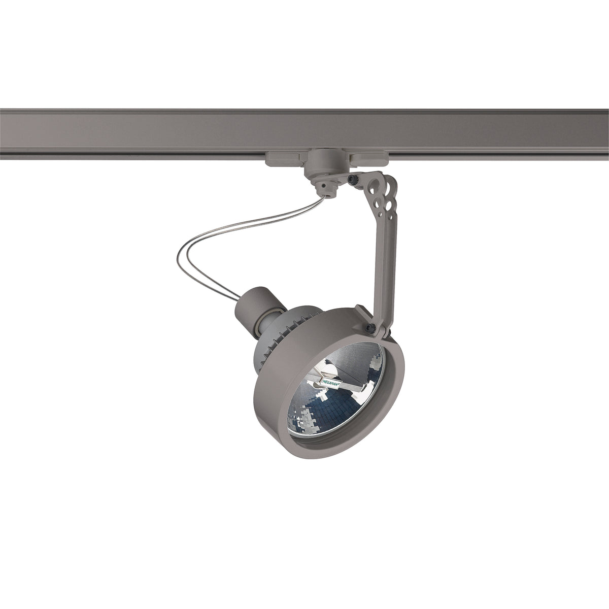 Spot gris sur rail, tête ronde et bras réglable, présenté seul sur fond blanc.