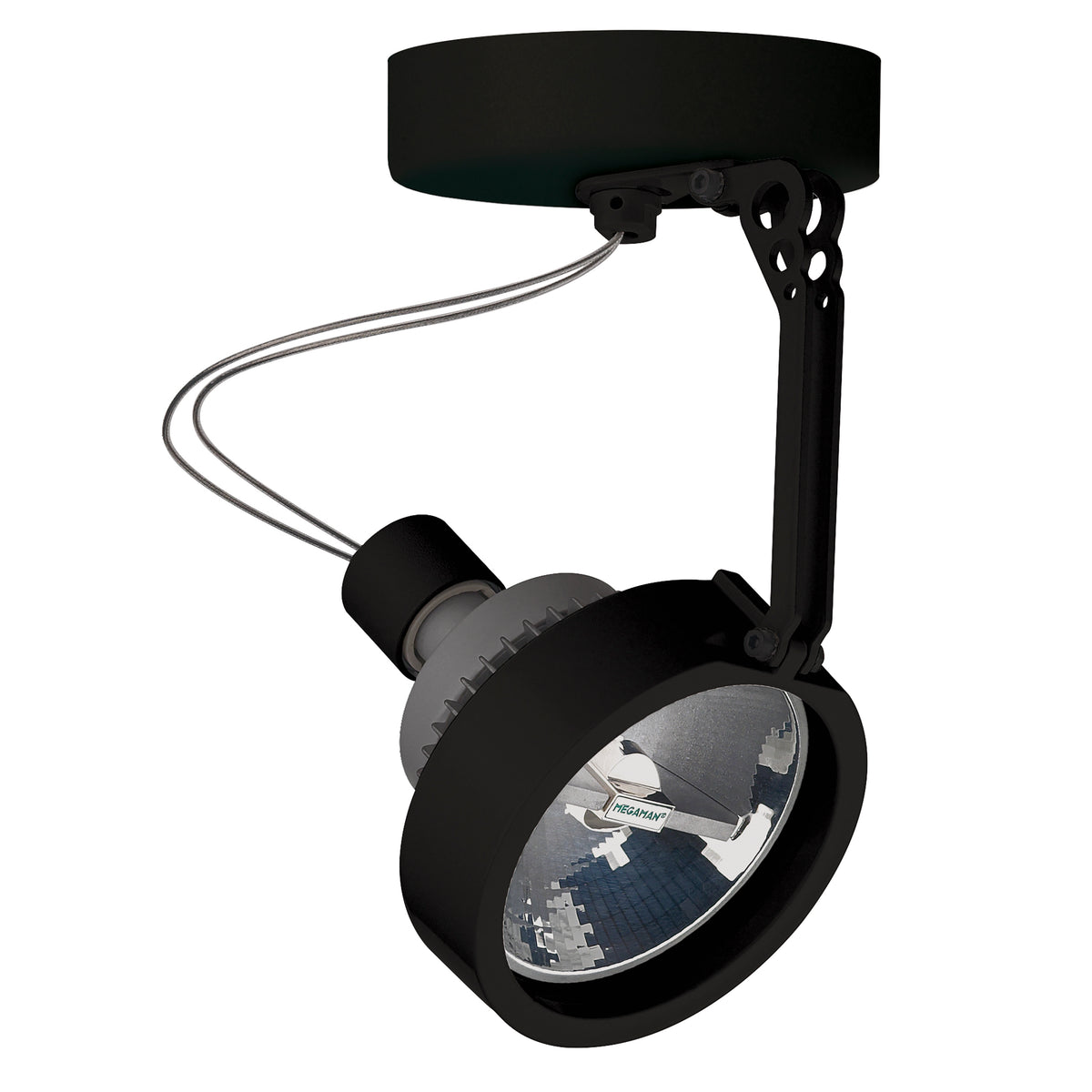 Version noire du spot plafond orientable, avec tête cylindrique et réflecteur strié.