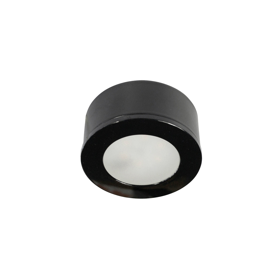 Spot noir mat présenté de face, diffuseur blanc et finition sombre.