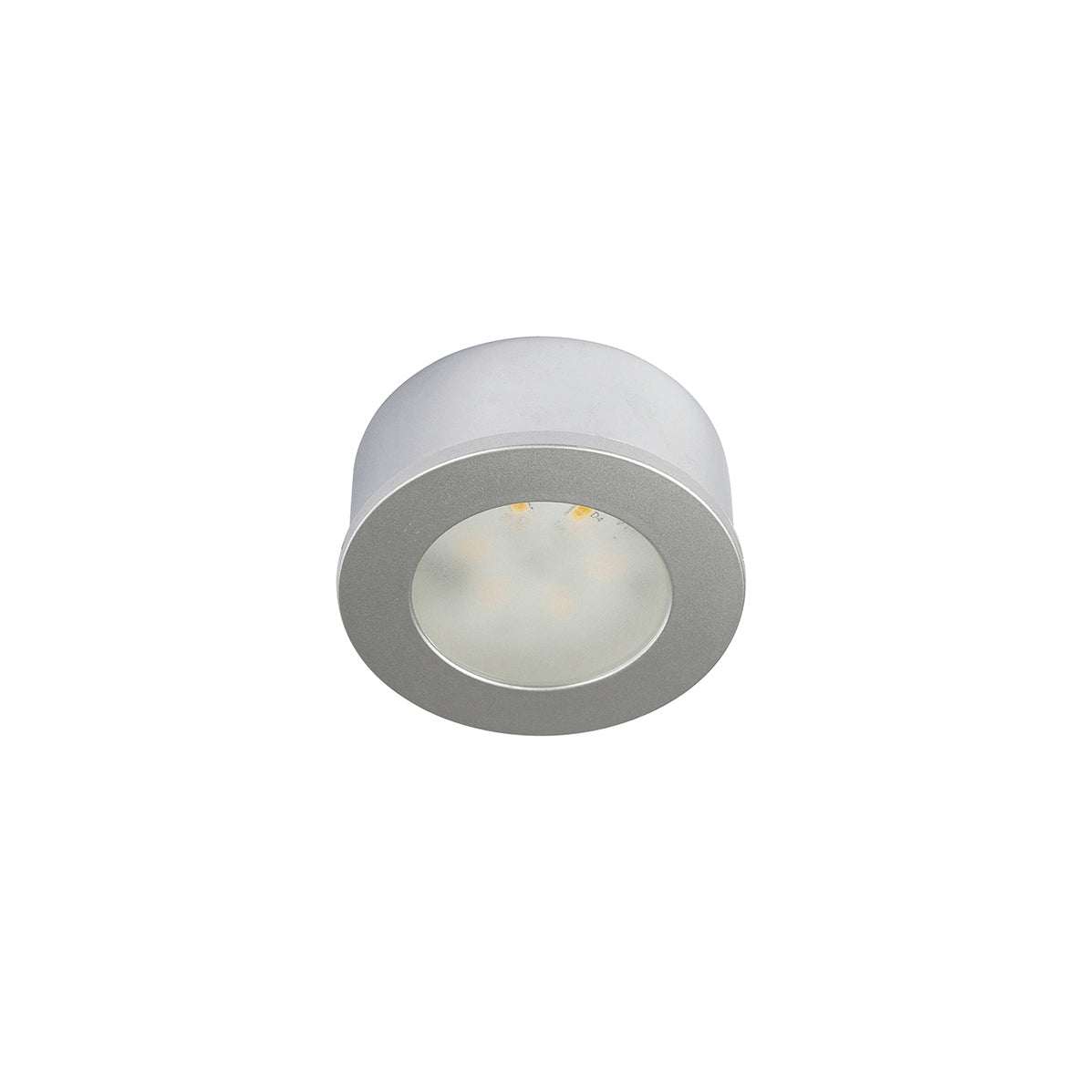 Spot argenté avec diffuseur laissant apparaître les LED internes.