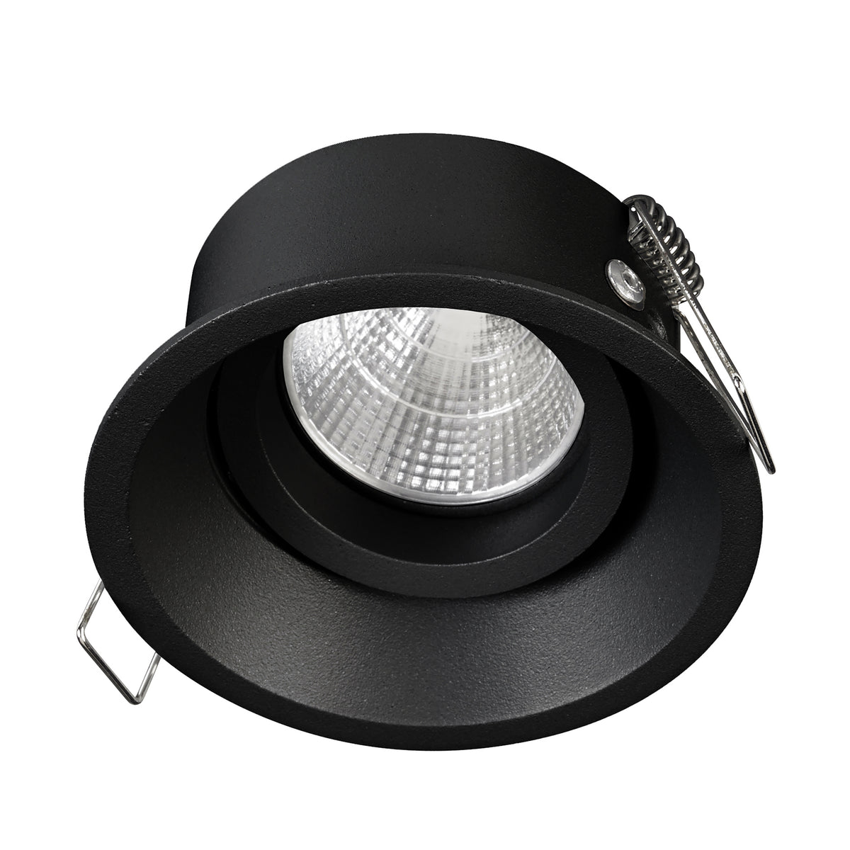Spot encastrable noir orientable présenté de trois quarts sur fond neutre