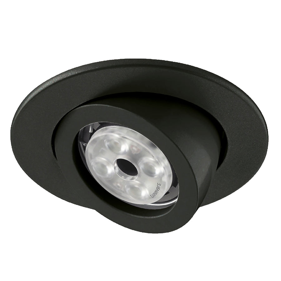 Spot encastrable noir mat orientable, vue de face avec anneau sombre et lentille LED.