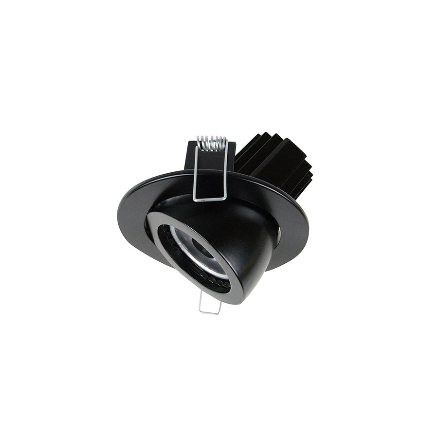 Spot encastrable noir mat orientable vu de trois quarts, clips et dissipateur visibles