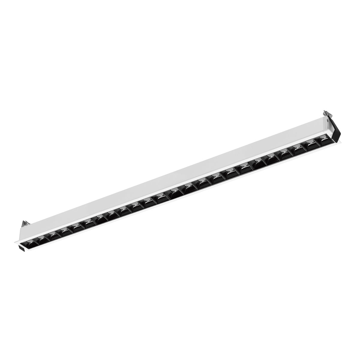 Version noire du luminaire linéaire, optiques sombres et profil fin.