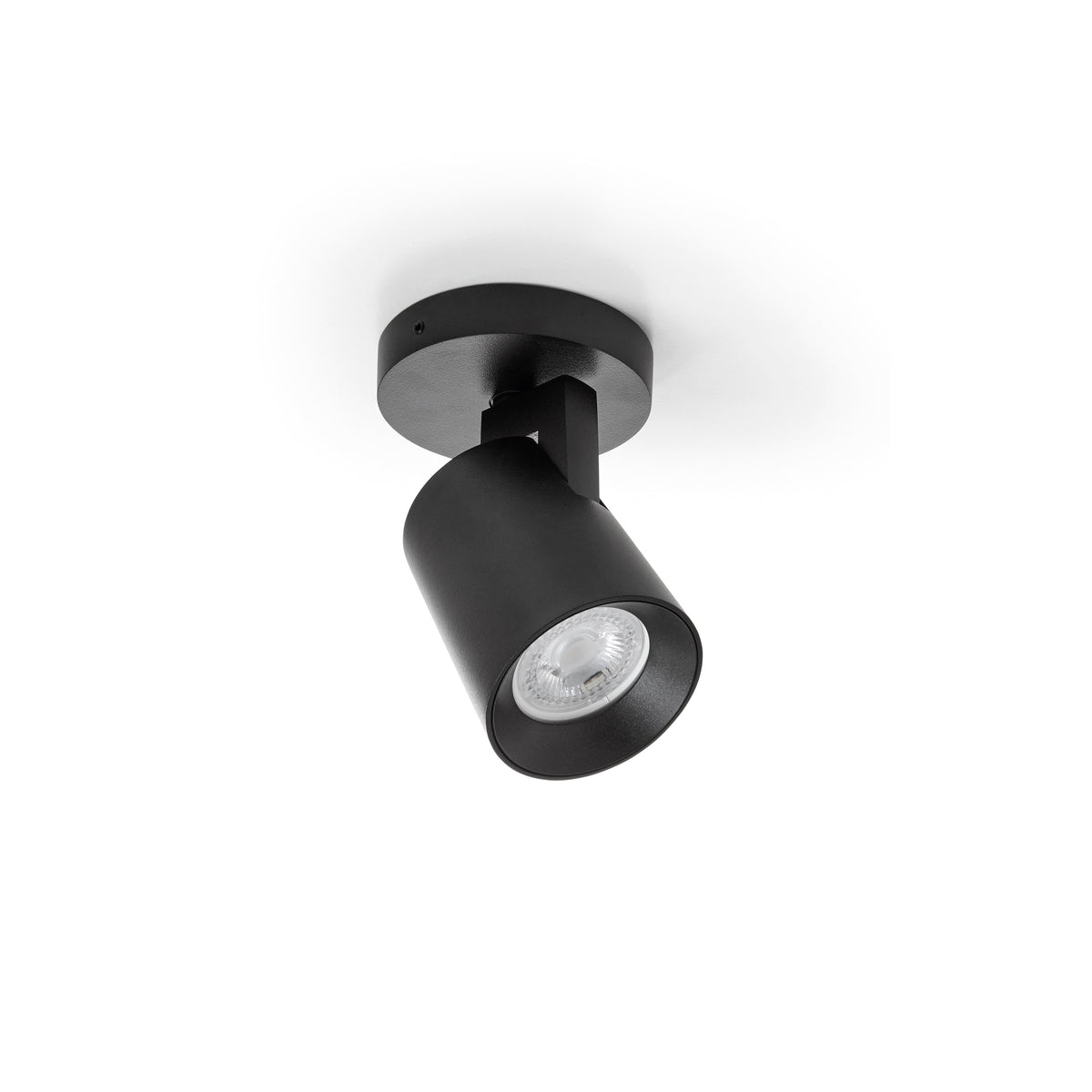 Version noire du spot cylindrique, finition mate et ampoule GU10 visible en gros plan.