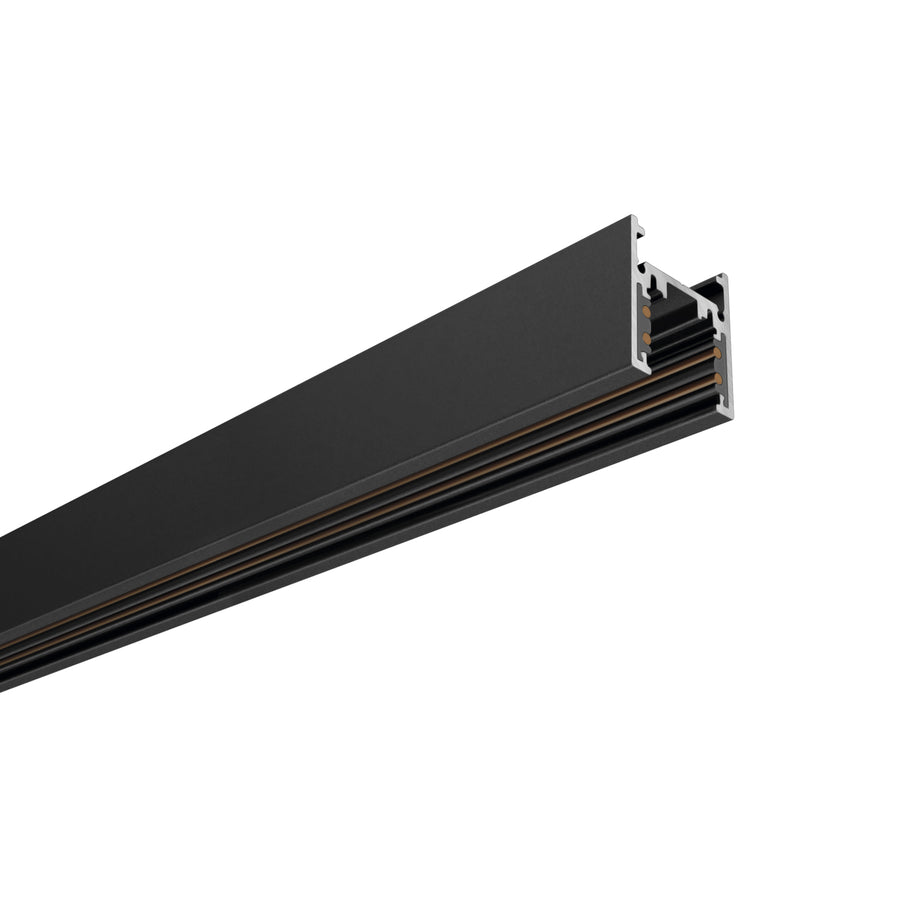 Rail noir en perspective, vue en coupe montrant les pistes conductrices.