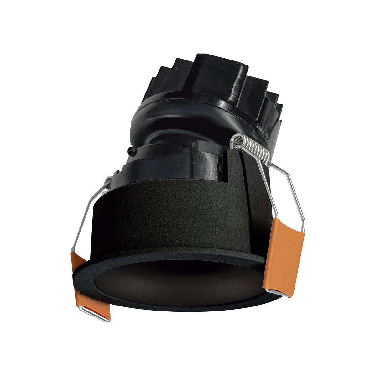 Spot encastrable orientable finition noire, collerette et corps cylindrique vus de trois quarts.