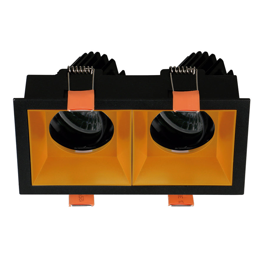 Modèle à réflecteurs dorés, vue frontale du luminaire double encastrable à optiques rondes.