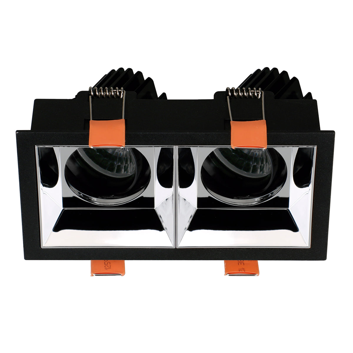 Vue de face du spot double à réflecteur chromé miroir et deux optiques rondes orientables