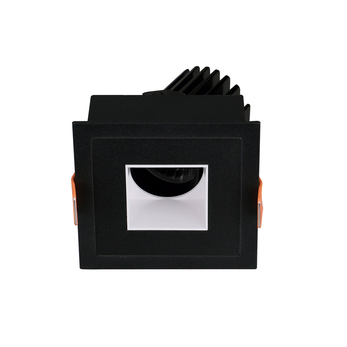 Vue frontale du luminaire noir avec réflecteur intérieur blanc et ressorts