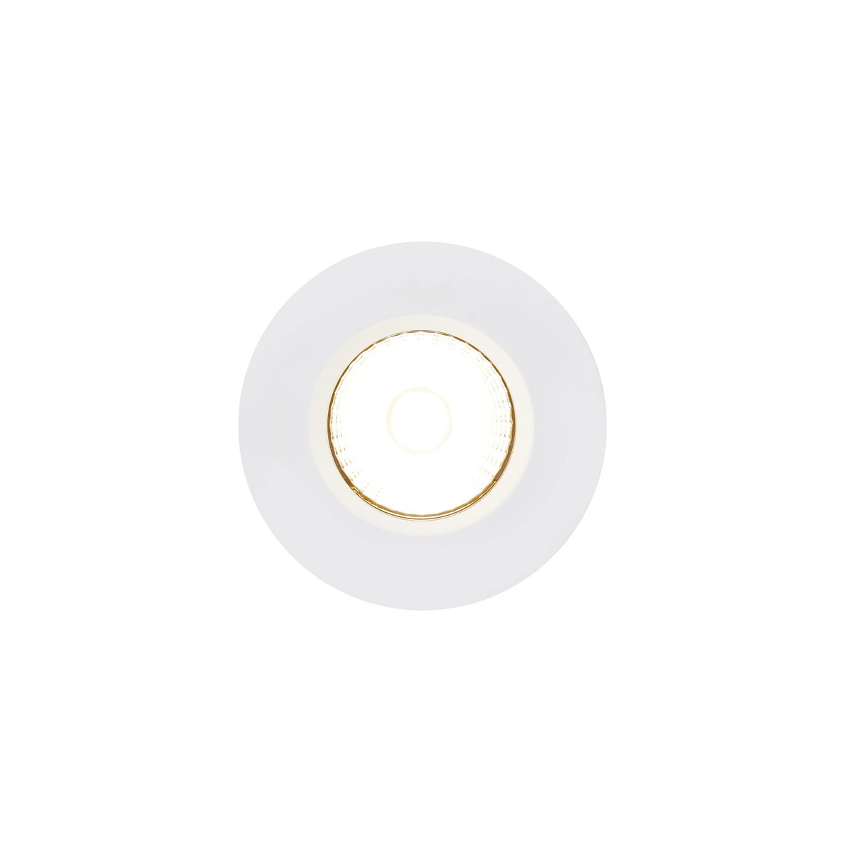 Un spot encastrable LED blanc unique, face avant et diffuseur lumineux allumé.