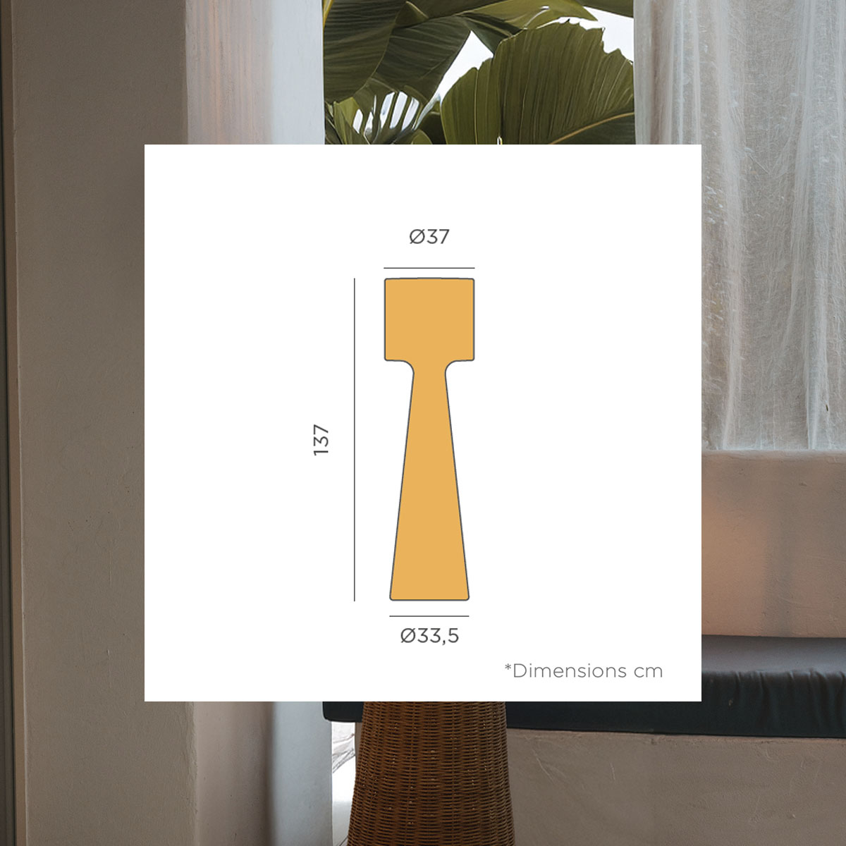 Schéma des dimensions du lampadaire : hauteur 137 cm, diamètres 37 et 33,5 cm