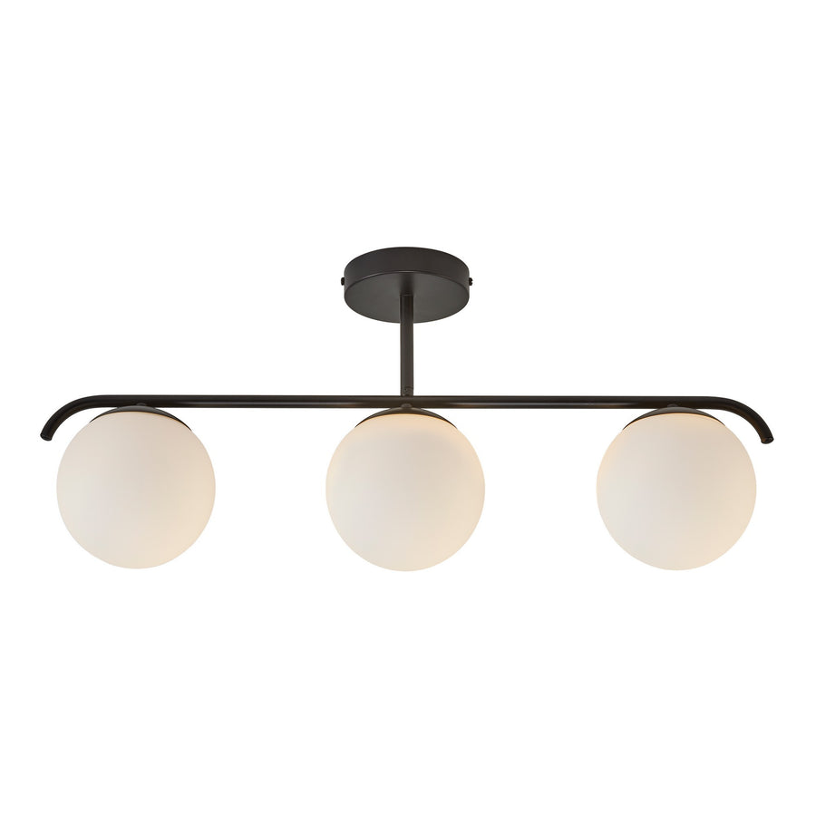 Plafonnier trois globes verre et armature métal noir mat sur fond blanc