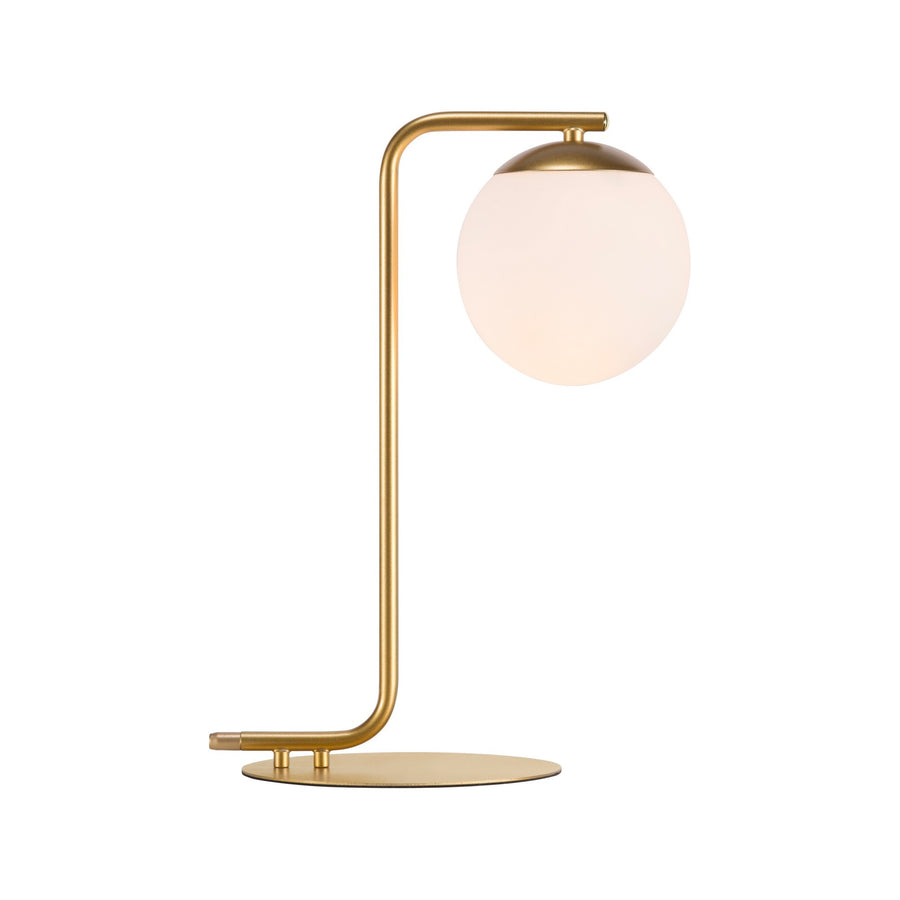 Vue de profil du luminaire doré avec sa sphère en verre opalin