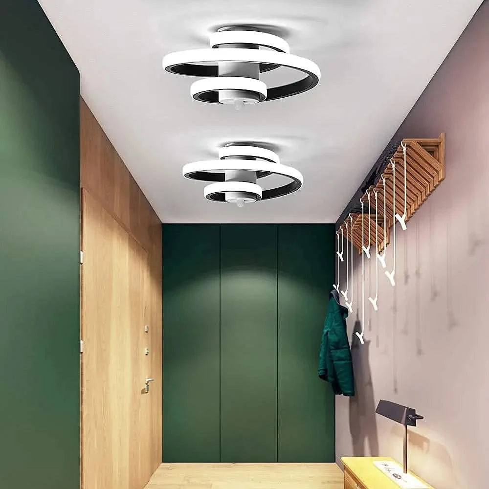 Deux plafonniers alignés dans une entrée verte avec meuble et rangement mural
