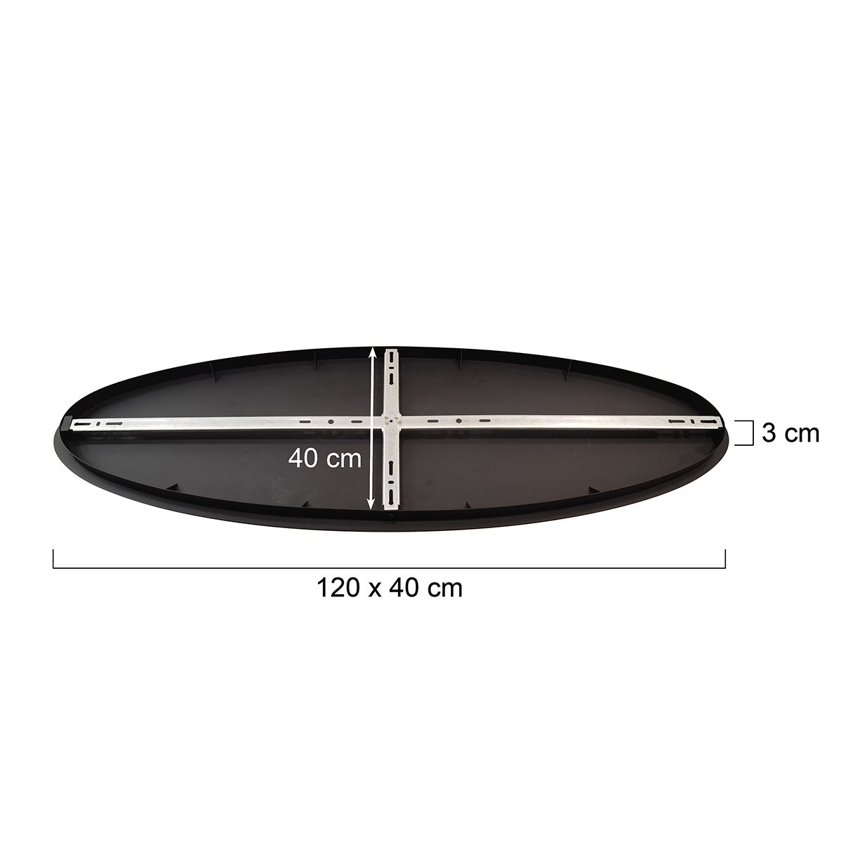 Schéma de dimensions de la plaque ovale : 120 x 40 cm, épaisseur 3 cm.
