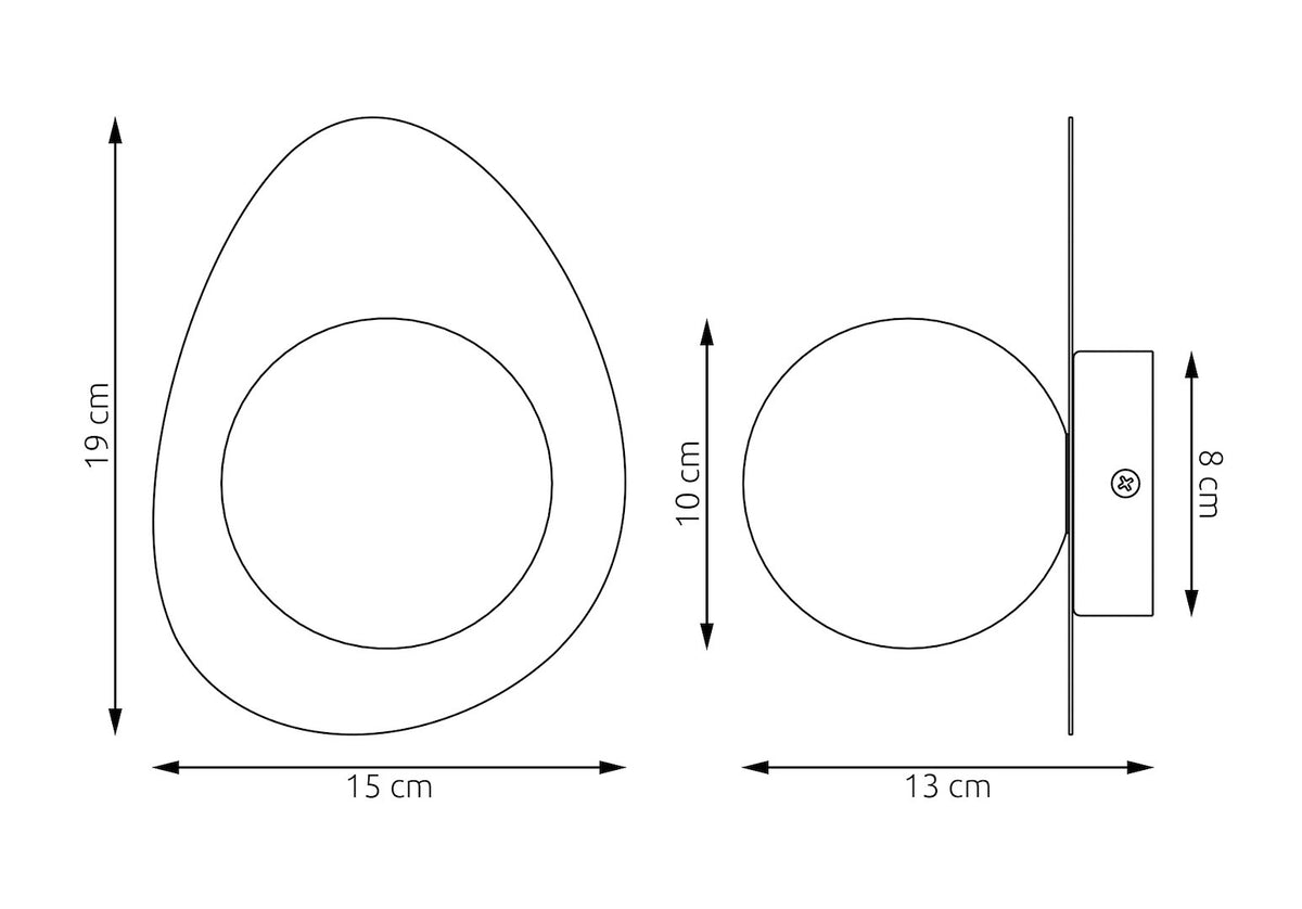 Schéma coté du luminaire avec ses dimensions en centimètres, face et profil